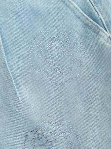 SHEIN MOD Women's Pleated Rhinestone Floral Pattern Wide Leg Denim Shorts - Light Wash - View 3