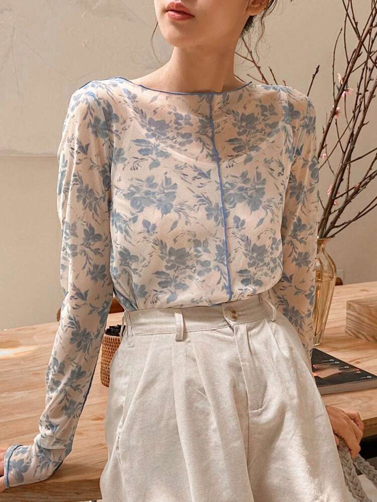 Floral Print Top-Stitching Mesh Top Sheer Long Sleeve Women Tops