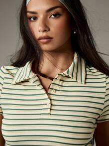 MISSGUIDED 复古罗纹 Polo 衫短款上衣夏季网球 Y2K 运动休闲修身短袖经典学院风条纹领 - 彩色 - 查看 6