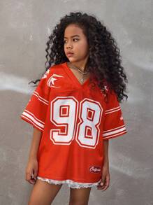 Coolane Kids 青少年女孩春夏节日街头服饰复古透气网眼数字图案棒球服红色球衣 - 酒紅色 - 查看 5