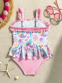 Baby Girl Marine Life Print One-Piece Swimsuit For Beach Vacation - Pink - View 2