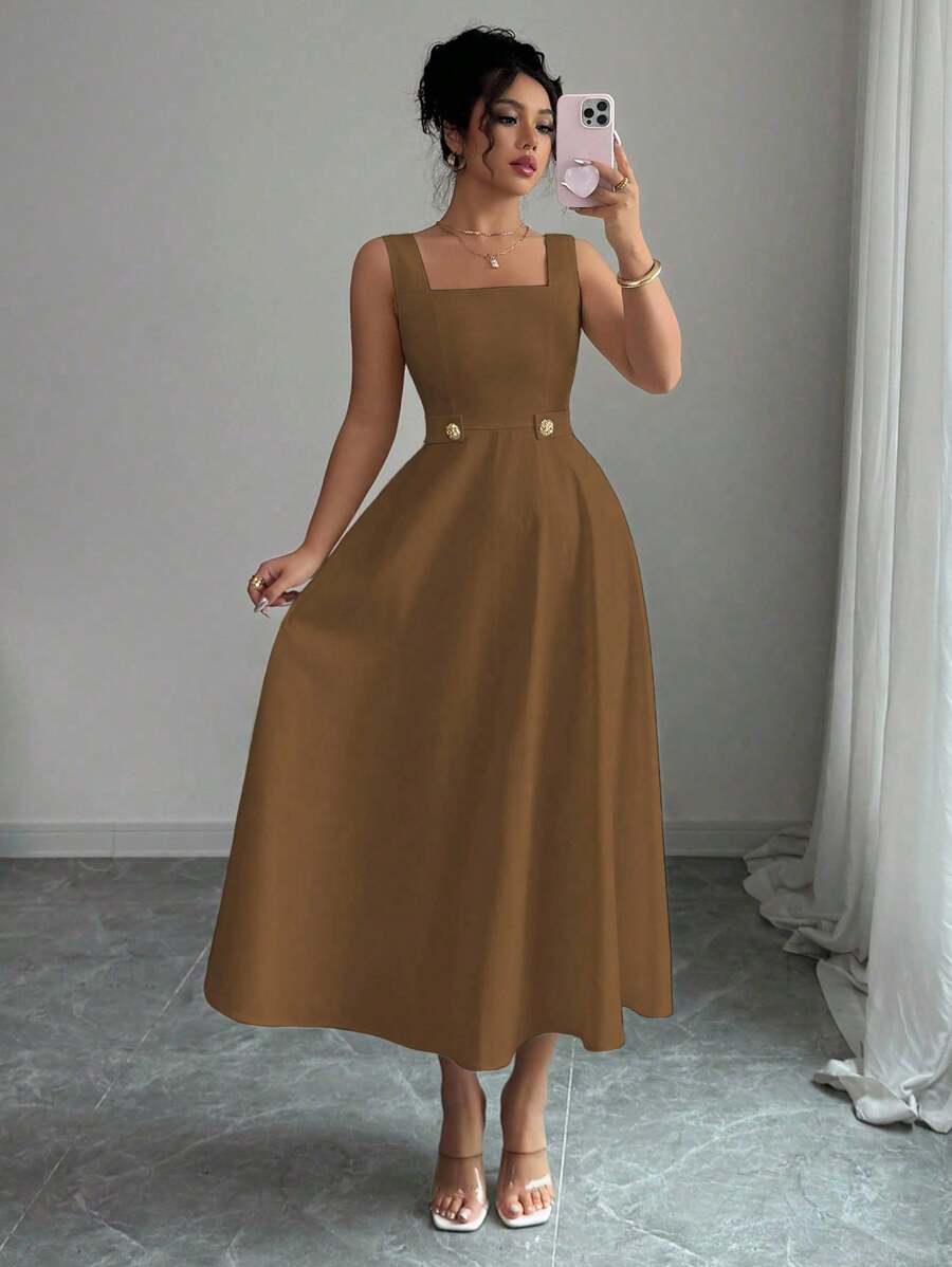 Elenzga 女士米色优雅高腰 A 字中长连衣裙 - 咖啡 - 查看 1