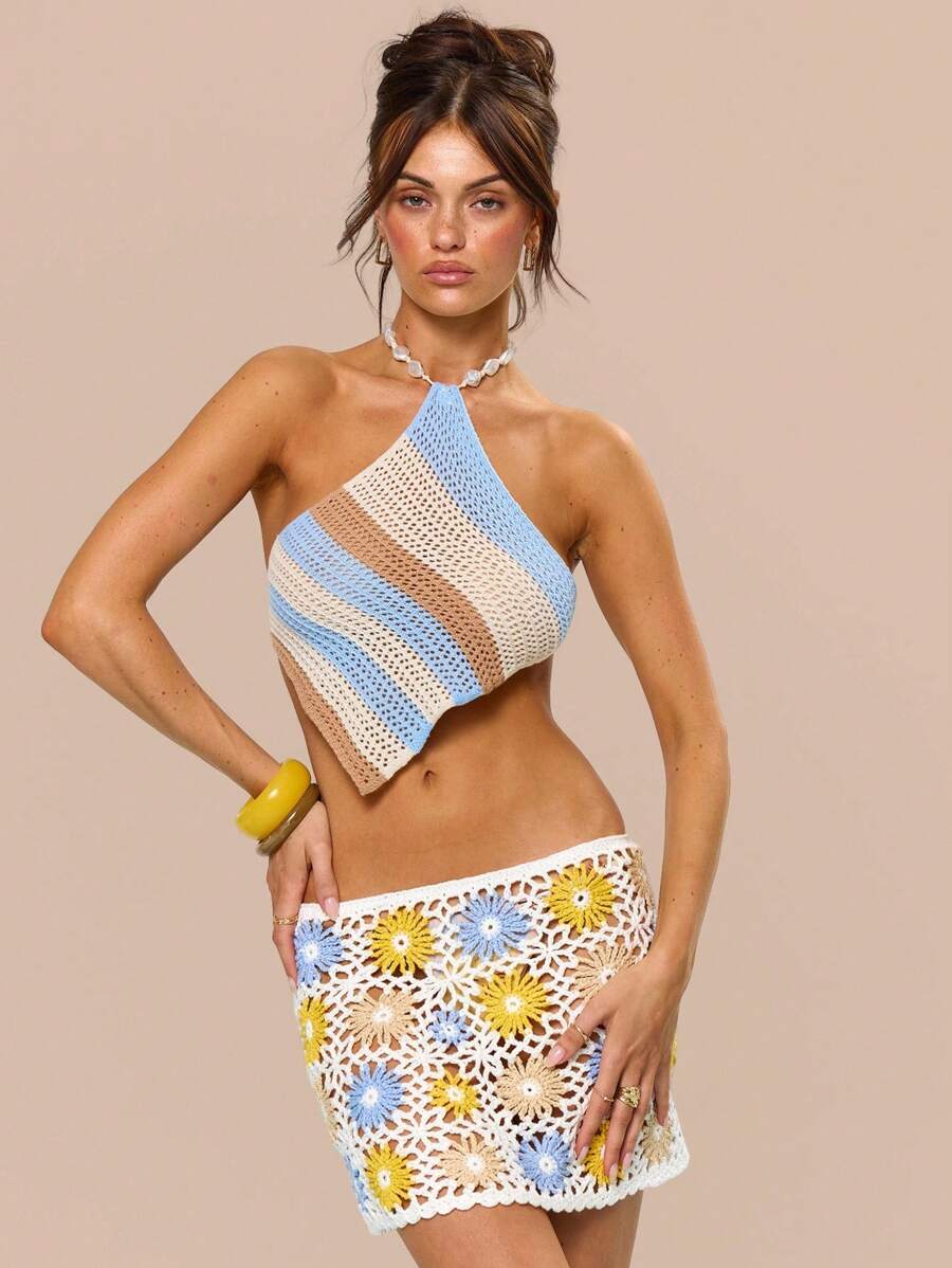 MUSERA 牡蛎珍珠风格条纹钩编针织手帕饰边上衣，适合度假、节日、可爱、休闲、优雅的托斯卡纳阳光海滩伊比沙岛春夏装扮 - 彩色 - 查看 1