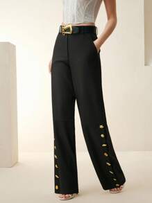 Anewsta 女式优雅古钱币金属装饰纹理正装裤 - 黑色 - 查看 3