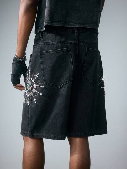 Street Life Men's Street Life Rhinestone Decor Pocket Wide Leg Loose Casual Denim Shorts