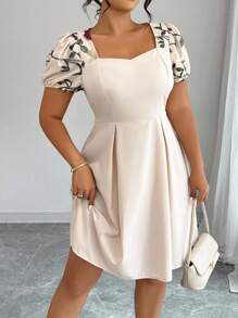 Elenzga Váy mùa hè thêu hoa thanh lịch cỡ lớn - Màu be - Xem 5