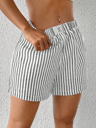 SHEIN EZwear Women's Green & White Stripe Woven Casual Shorts, Summer