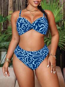 Swim Vcay 2 pièces Grande taille Femmes bikini rayé et imprimé aléatoire avec bande amovible, ensemble sexy de bikini. Parfait pour l'été et les vacances à la plage - Multicolore - Voir 5