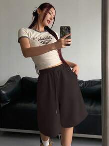 DAZY 女士纯色口袋阔腿松紧腰抽绳休闲短裤毛衣短裤 - 咖啡棕 - 查看 2