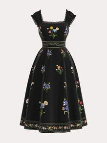 SHEIN MOD Plus Size Women's Elegant Floral Print Black Bell Sleeve Maxi Dress, Basic, Simple, Romantic, Daily, Office, Party, Music Festival, Afternoon Tea,Renalssance Dress,Teacher Dress,Homecoming Dresses, Black Floral Dress, Vintage Dress, Garden Dress, Wildflower Dress, French Dress - Black - View 2