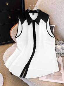 GlowEve CURVE 大码女式黑白拼色衬衫领开衫上衣，优雅日常通勤穿着 - 黑與白 - 查看 1