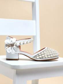 Mini mi #Princess-Approved Girls' Pearl&Bow Detail Ivory White Block Heel Dress Pumps – Elegant Princess Heels With Ankle Strap, Sparkling Rhinestone & Flower Girl Style For Weddings & Special Events - White - View 5