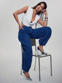 Denimoi High Rise Barrel Leg Jogger Denim Jeans - Dark Wash - View 5