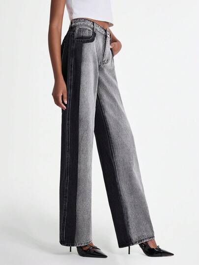 Daynim Women Casual Bleached Color-Block Patchwork Denim Long Pants Wide Leg Jeans Flared Jeans Women Jeans Bell Bottom Jeans High Waisted Jeans