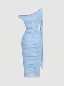 SHEIN MOD Women's Elegant Slit Shoulder Ruched Bodycon Mid-Calf Dress, Summer - Blue - View 2