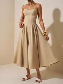 Zivah 2025年夏季新款优雅派对、休闲、约会、职场通勤精致性感法式A字中长连衣裙，女款，面料：纹理亚麻，颜色：卡其色 - 卡其色 - 查看 1