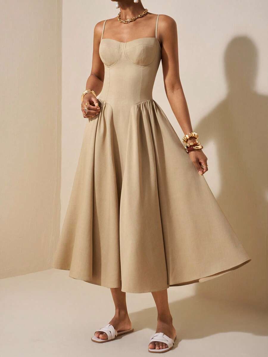 Zivah 2025年夏季新款优雅派对、休闲、约会、职场通勤精致性感法式A字中长连衣裙，女款，面料：纹理亚麻，颜色：卡其色 - 卡其色 - 查看 1