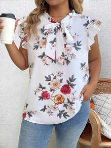 EMERY ROSE Blusa de manga corta con estampado floral y lazo para mujer de talla grande - Multicolor - Ver 4