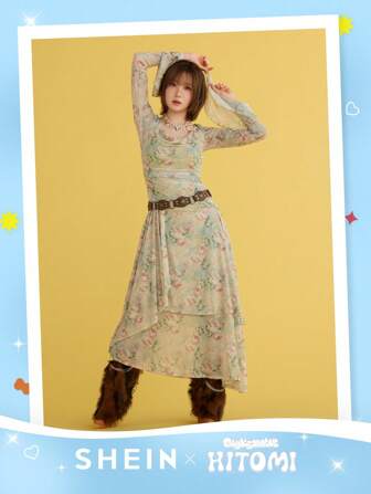 SHEINxHITOMI SHEIN MOD Women's Vintage Floral Print Long Sleeve Knitted Dress, Fall Dress,Green Long Sleeve Dress,Ruffle Dress,Homecoming Dresses,Prom Long Dress,Semi Formal Dress,Tea Party Dress