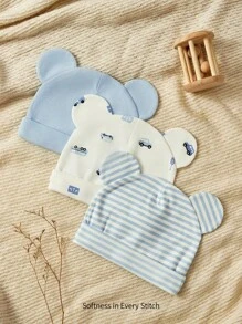 Cozy Pixies 3 قطع/طقم قبعات لحديثي الولادة ناعمة ومريحة، بتصميم خطوط سيارة زرقاء ولون أزرق داكن ودب على الألوان موحد اللون - متعدد الألوان - مشاهدة 2