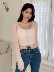 DAZY Áo sơ mi công sở dài tay lưới trơn màu cho nữ - Hồng - Xem 5