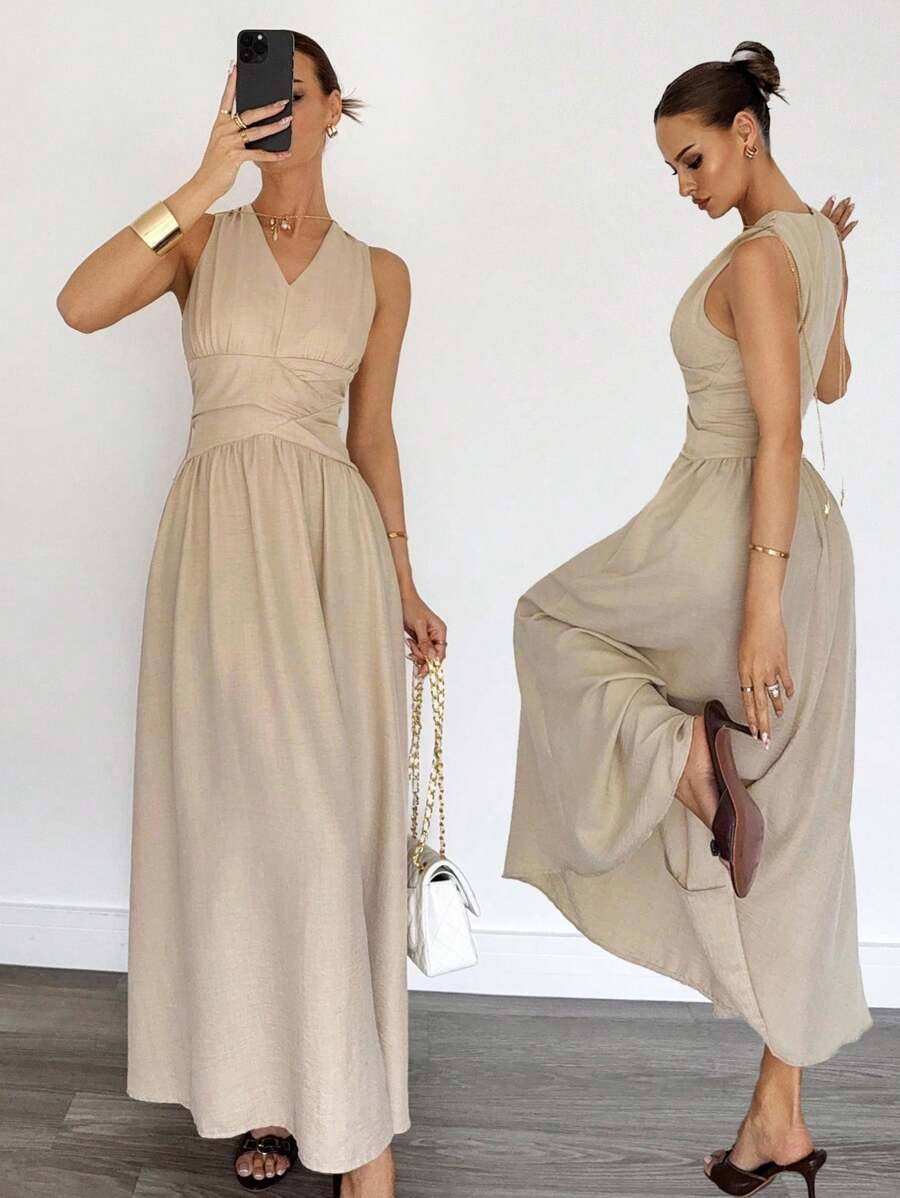 Siren Gaze 女式纯色V领无袖收腰长裙，夏季 - 杏色 - 查看 1