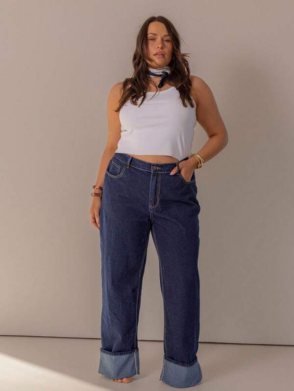 Aralina Jean de denim con detalle de doblez del bajo en curva, para invierno/verano