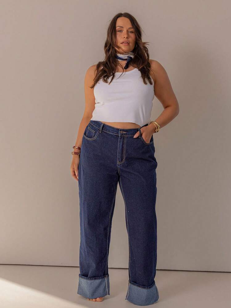 SHEIN Aralina-F Curve Winter / Summer Turn Back Hem Deatil Denim Jean - Medium Wash - View 1