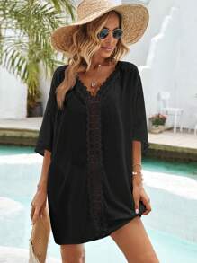 SHEIN VCAY Plus Size Women Vacation Solid Color Contrast Lace Batwing Sleeve Dress - Black - View 7