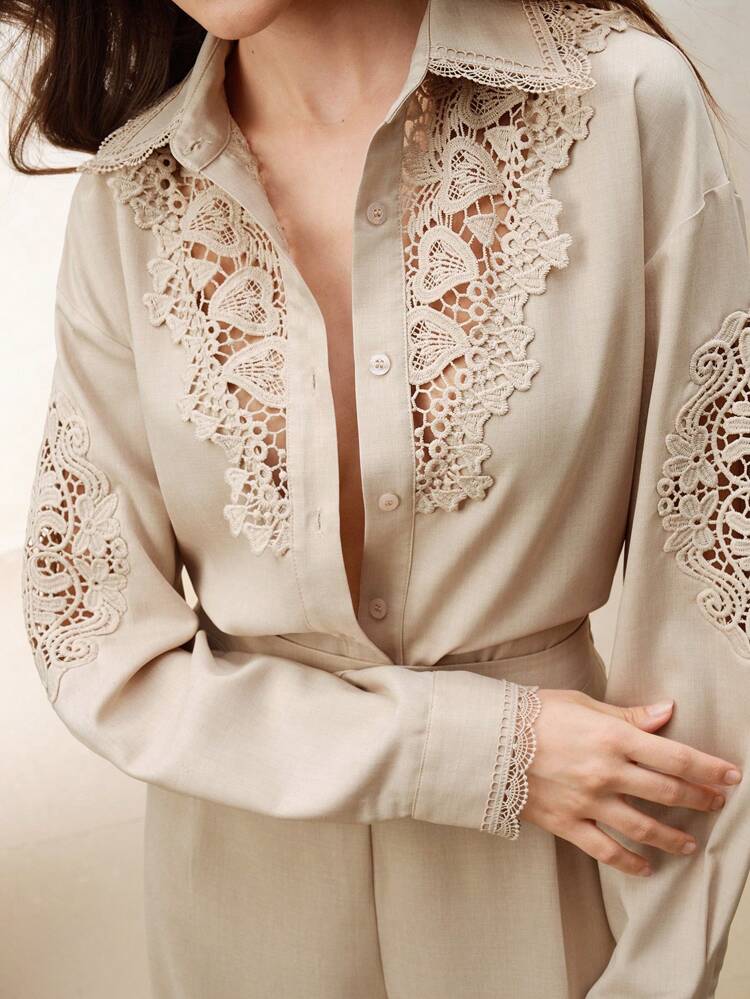 2pcs Set: Elegant Lace Patchwork Hollow Blouse & Flared Pants For Women