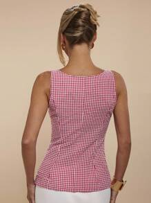 COSMINA Women's Plaid Print Twisted Hollow Out Sexy Round Neck Top