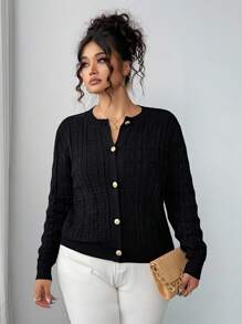 SHEIN Clasi Áo len cardigan dệt kim họa tiết tổ ong cài nút phía trước thanh lịch dành cho phụ nữ ngoại cỡ, áo len cardigan dệt kim - màu đen - Xem 6