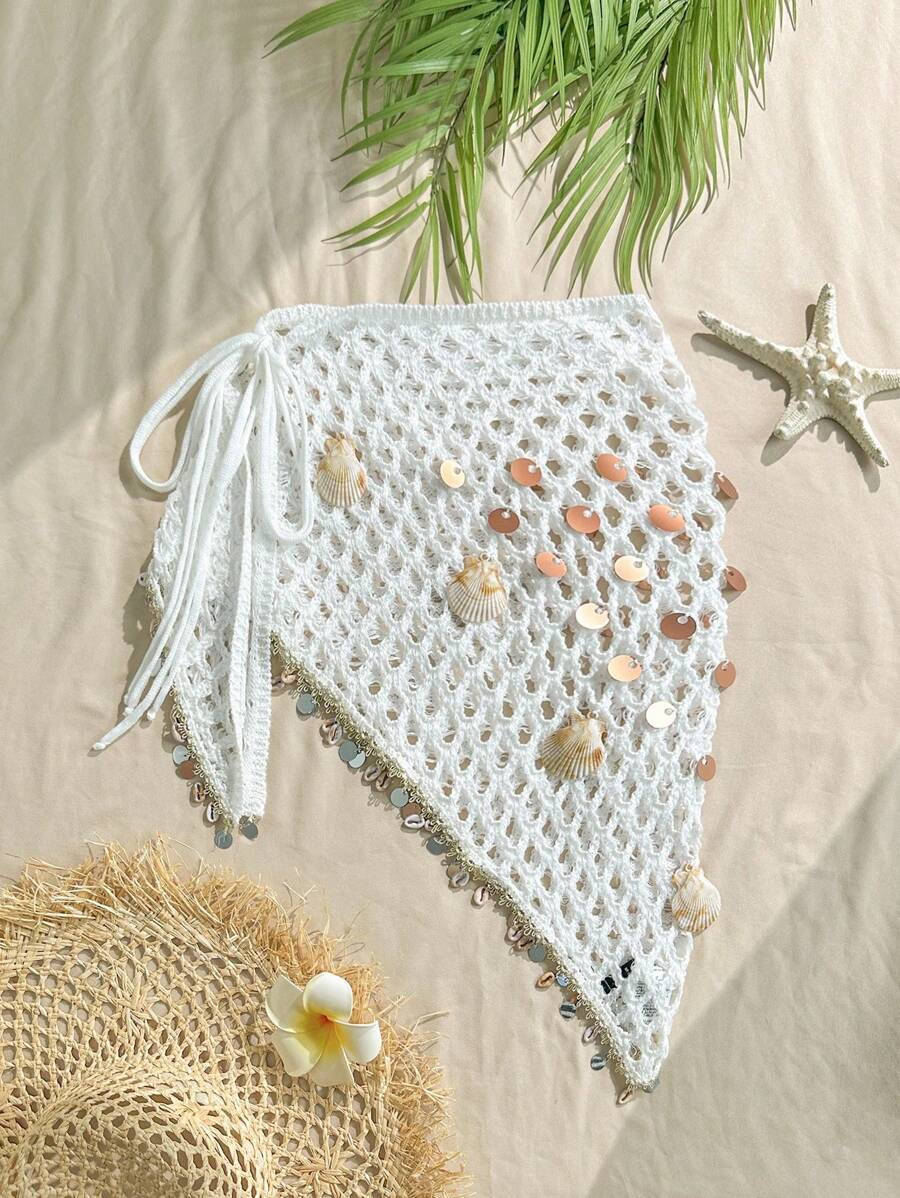 Swim Vcay 女士夏季假日海滩白色编织渔网镂空贝壳串珠装饰系带罩衫裙