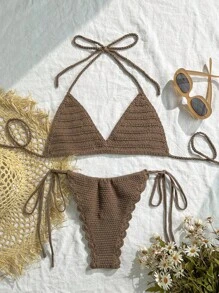 Swim Vcay 2pcs/Set Women Holiday Beach Rhinestone Decor Halter Top & Side Tie Bottom, Coverup Set For Summer Beach Vacation - Brown - View 2