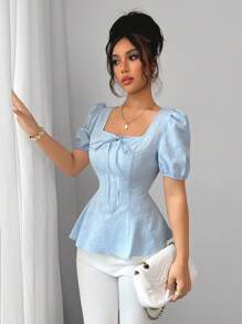 Elenzga New Women's Fashion Versatile French Bowknot Up High-End Puff Sleeve Unique Elegant Jacquard Fabric Shirt