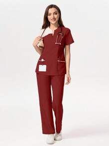 TaskEZ Contrast Color V Neck Scrub Top With Pockets And Pants, /Healthcare Scrub Uniform Set Women Scrub Sets Nurse Scrub Sets Women Scrub Suits Two Pieces Scrub Sets