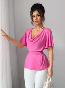 Elenzga Nouveau t-shirt femme manches bouffantes cranberry rouge à encolure portefeuille, avec design de lien réglable, coupe slim et tissu élastique, polyvalent, pour le printemps et l'été