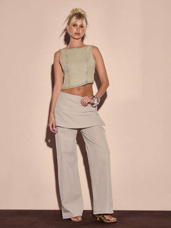 MUSERA Low Rise Layered Wide Leg Trousers With Skirt Overlay Summer Vacation Y2k Streetstyle Cool Girl Festival Holiday Graphite