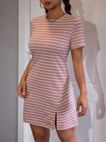 SHEIN PETITE Váy thun họa tiết sọc phối màu - Bụi hồng - Xem 3