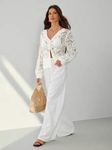 SHEIN Tall Áo len cardigan dệt kim khoét lỗ màu trơn thanh lịch cho nữ - trắng - Xem 8