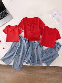 Sparklyn Girls Tee Set, Red Ribbed Knit Top, Embroidered Denim Pants, Cherry Pattern, Sweet & Cute Style, Fashionable, Suitable For Spring, Summer, Autumn - Red - View 6
