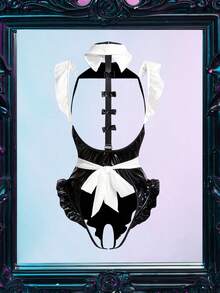 3件套性感诱惑镂空角色扮演女仆内衣套装 - 黑與白 - 查看 2