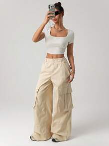 SHEIN ICON Quần ống rộng cạp thấp phong cách Mỹ cổ điển có nhiều túi - Màu be - Xem 6