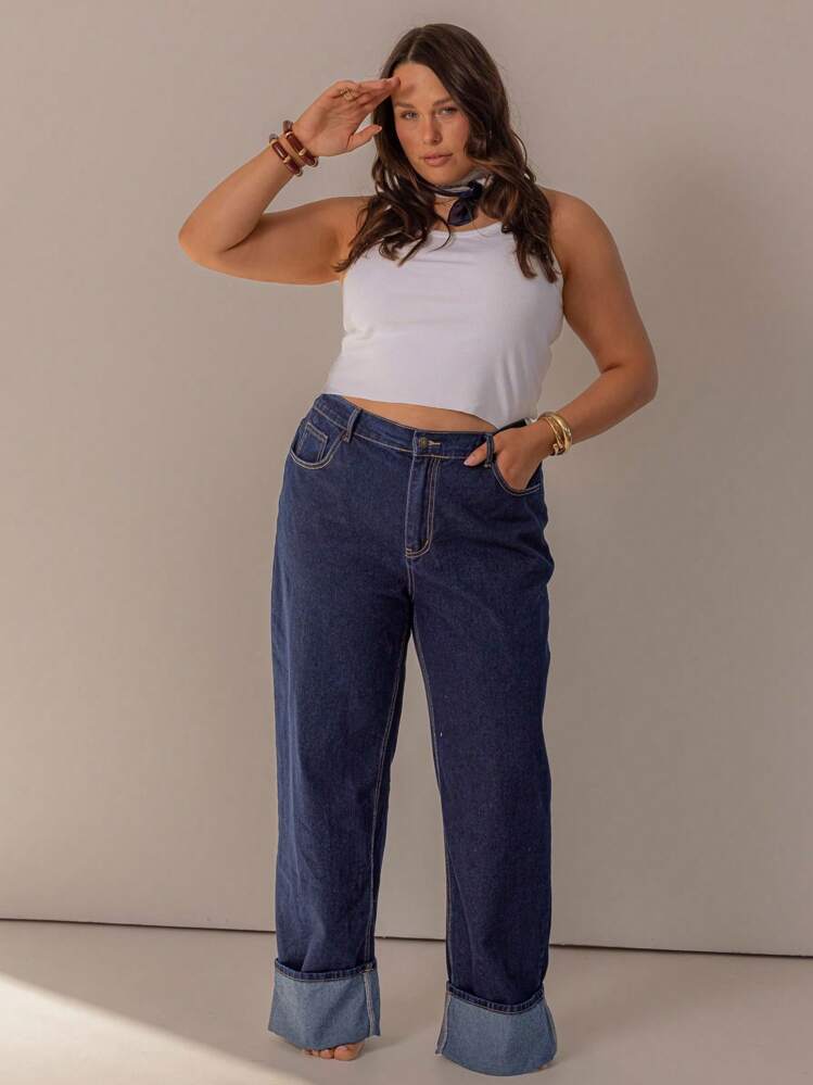 SHEIN Aralina-F Curve Winter / Summer Turn Back Hem Deatil Denim Jean - Medium Wash - View 3