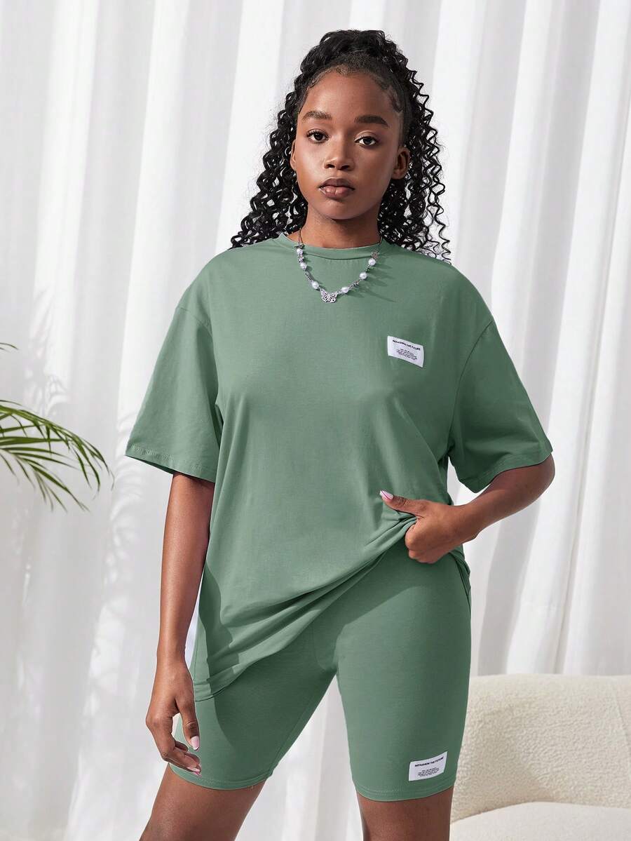 SHEIN 2pcs/Set Teen Girl Knit Solid Color Short Sleeve T-Shirt And Shorts Set, Dark Blue - Mint Green - View 1