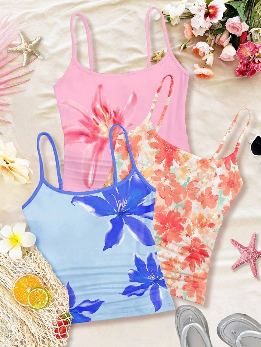 Conjunto informal deportivo de 3 piezas con top tipo camiseta para niñas preadolescentes, corte slim - Multicolor - Ver 1