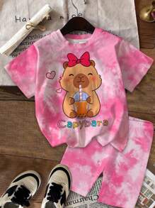 SHEIN 2pcs/Set Teen Girls Cute Cartoon Capybara Print Pink Short Sleeve Loose T-Shirt And Leggings, Summer Streetwear Cute Holiday Kawaii Clothes - Multicolor - View 2