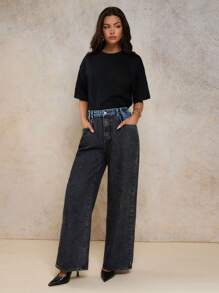 COSMINA 女式黑蓝撞色水洗宽松直筒牛仔裤，休闲百搭，复古风 - 深灰色 - 查看 1