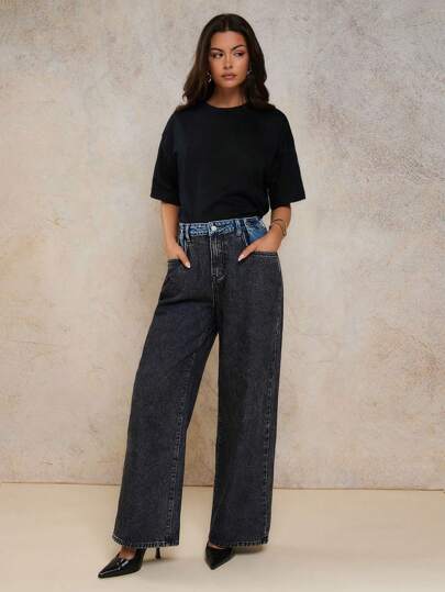 COSMINA Jeans rectos de mezclilla lavados con contraste negro y azul para mujer, casuales, versátiles, estilo "Old Money"