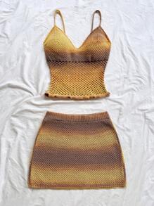 Soleia Women's Vacation Knit Ombre Yarn Twist Front Crop Top And Mini Skirt 2Pcs Set, Suitable For Party, Dates, Afternoon Tea, Beach, Boho Vacation,Sweet Cute Romantic Countryside Style Knitted Textured Cut-Out Sets,Early Fall Women's Clothing, Graduation, Church, Beach, Music Festival - Multicolor - View 5